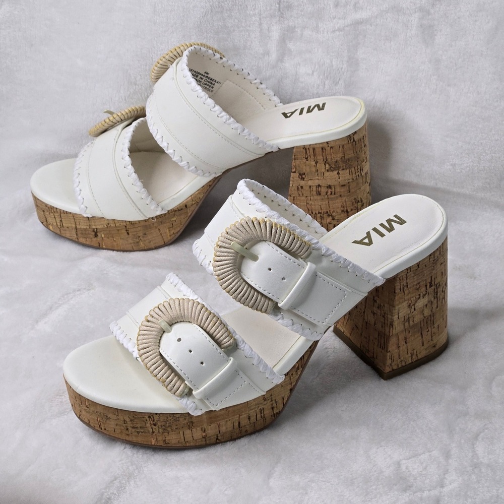 MIA Rebekah White Cork Platform Sandals Straw Buckle Block Heel Slides Womens 8M